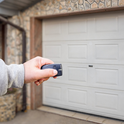 Evanston security key fob pointing to a garage door