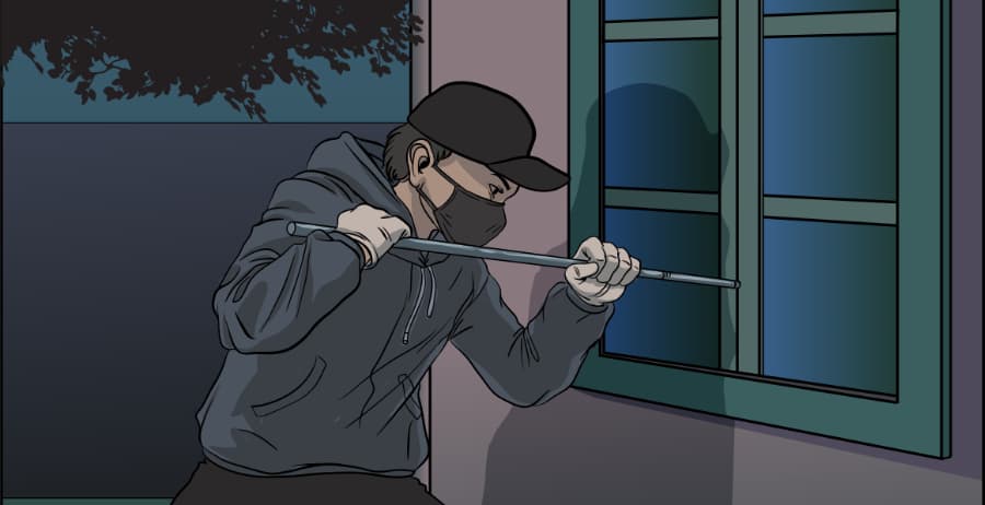 Illustration of burglar forcing entry through a window in Evanston
